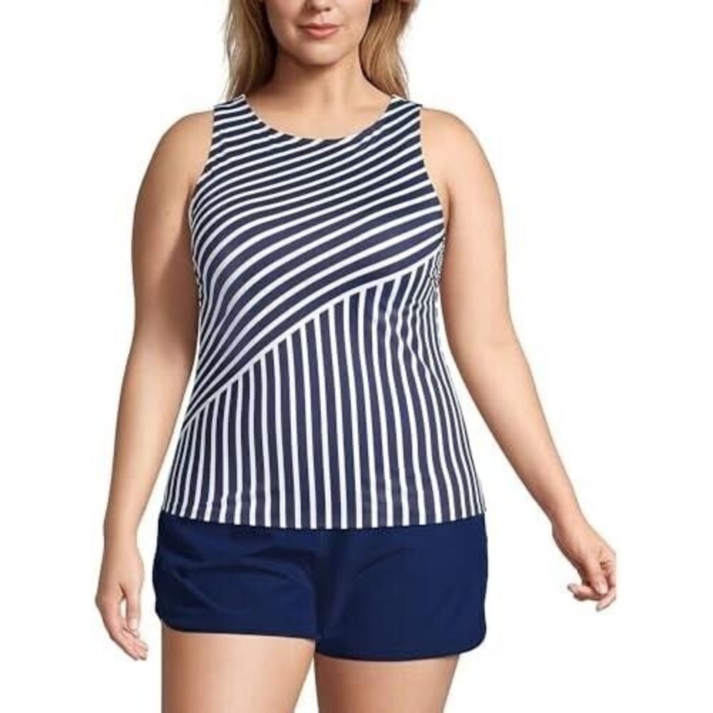 Lands End Tankini Swimsuit Top Women 26W NWT Nylon Built in Bra Navy Striped